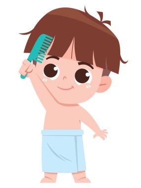 Açık mavi havluya sarılı neşeli bir çizgi film çocuğu banyo yaptıktan sonra ıslak saçlarını tarıyor. Bu sevimli ve hijyenik illüstrasyon erken çocuklukta kişisel bakım, bakım ve kişisel hijyen rutinlerini desteklemek için mükemmeldir..