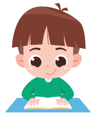 Masada oturup mutlu ve odaklanmış bir ifadeyle kitap okuyan sevimli bir çizgi film çocuğu. Bu eğitici illüstrasyon, eğlenceli görseller yoluyla küçük çocuklar üzerinde öğrenmeyi, okuryazarlığı ve konsantrasyonu teşvik eder..