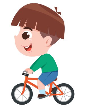 Yüzünde kocaman bir gülümsemeyle parlak turuncu bir bisiklete binen neşeli bir çizgi film çocuğu. Yeşil gömlek ve mavi şort giyen bu eğlenceli illüstrasyon çocuklar için açık hava aktivitesini, egzersizi ve sağlıklı alışkanlıkları teşvik ediyor..
