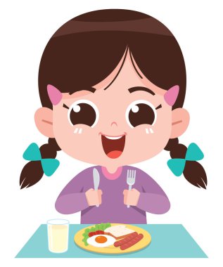 Neşeli bir çizgi film kızı kahvaltı için heyecanla hazırlanıyor, yumurta, sosis, tost ve sebzelerin olduğu bir tabak yemeğin yanında bir bardak sütle birlikte bir tabakta oturuyor.. 