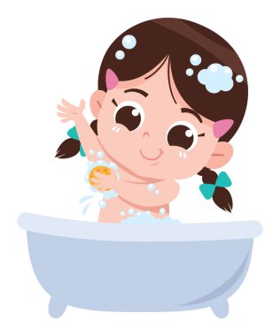 Küvette banyo yapan, sabun köpüğü ve sünger tutan neşeli bir çizgi film kızı. Bu eğlenceli ve canlı görüntü çocukları günlük hijyen rutinlerinin bir parçası olarak banyo yapmaya teşvik ediyor..