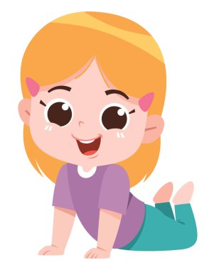 Mor gömlek ve deniz mavisi pantolon giymiş parlak bir tebessümle yerde sürünen sarışın bir kızın neşeli bir çizimi. Görüntü neşe, masumiyet ve neşe taşır, eğitim veya çocuklarla ilgili içerik için mükemmeldir..