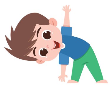 Kahverengi saçlı, mavi gömlekli ve yeşil pantolonlu, kollarını yana doğru açan, büyük bir gülümsemeyle genç bir çocuğun neşeli çizgi film çizimi. Bu enerjik duruş fitness, eğlence egzersizleri veya çocuk aktiviteleri ile ilgili konular için idealdir..