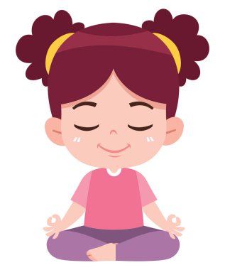 Nilüfer pozisyonunda meditasyon yapan barışçıl bir çizgi film kızı gözleri kapalı ve elleri sakin ve rahat bir şekilde dizlerinin üzerinde dinleniyor. Farkındalık, çocuklar için yoga ya da sağlık eğitimiyle ilgili konular için mükemmel..