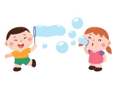 İki çocuğun sabun köpüğüyle neşeyle oynadığı karikatür çizimi. Bir çocuk değneğin içinden baloncuklar üflerken, diğeri daha büyük kabarcıklar yakalamak ya da yapmak için bir döngü sallıyor. Sahne neşeli ve neşeli..