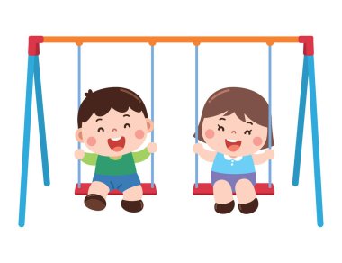 Salıncakta sallanırken eğlenen bir kızla bir oğlanın harika bir karikatür çizimi. Gülüyorlar ve eğleniyorlar, arkadaşlığı ve oyun sahasında oyun zamanını sembolize ediyorlar..