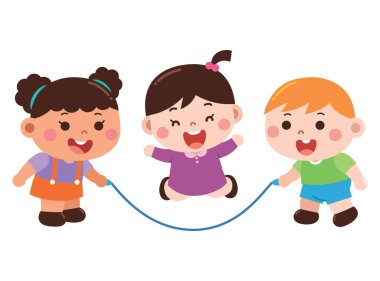 İp atlama oyunu oynayan üç neşeli çocuğun çizgi film çizimi. İki çocuk ipi tutarken ortadaki sevinçle atlıyor. Gülümsüyorlar ve eğlenceli bir grup aktivitesi yapıyorlar..