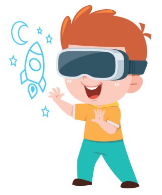 Sanal gerçeklik (VR) gözlüğü takan bir çizgi film çocuğu, yıldızların, ayın ve bir roketin yer aldığı sanal bir uzay sahnesiyle coşkuyla etkileşime geçiyor..