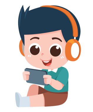 Turuncu kulaklık takan neşeli bir çizgi film çocuğu tablette oturuyor ve oynuyor. Odaklanmış ve mutlu görünüyor.