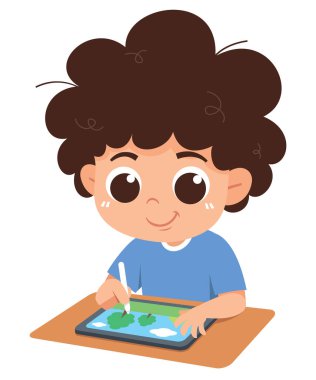 Sevimli bir çizgi film çocuğu tablet çizmek için dijital kalem kullanırken masada oturuyor..