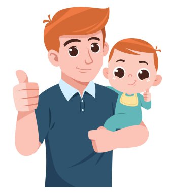 Bebeğini kucağında tutan, gülümseyen ve baş parmağını sallayan bir babanın neşeli bir karikatürü..