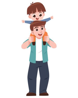 Gülümseyen oğlunu omuzlarında taşıyan bir babanın neşeli bir çizimi. Çocuk sevinçle kollarını açarken baba çocuğun bacaklarını sıkıca tutuyor..