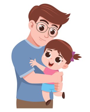 Sevgi dolu bir babanın, gülümseyen kızını kucakladığı tatlı bir çizgi film çizimi..