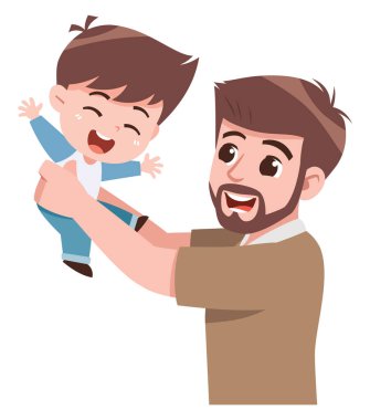 Mutlu oğlunu havaya kaldıran neşeli bir babanın yürek ısıtan karikatür çizimi.. 