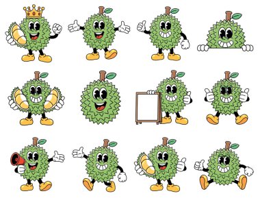 12 çizgi film Durian maskot karakterinden oluşan hoş bir set. Çeşitli eğlenceli pozlarda..