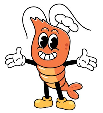 Sevimli Karides Şefi Çizgi Film Maskotu Açık Kollu Vektör Çizimi