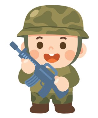 Ordu üniformalı şirin asker çocuk oyuncak silah tutuyor.