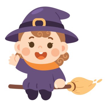 Sevimli Çizgi Film Cadısı Süpürge Sürme ve Dalgalanan Cadılar Bayramı Karakter Tasarımı