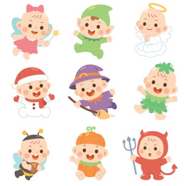 Fantezi ve Tatil Kostümlerinde Sevimli Bebek Karakterleri Seti 9 Sevimli Tasarım