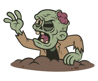 Öfkeli İfadesiyle Mezardan Yükselen Zombi Retro Çizgi Filmi