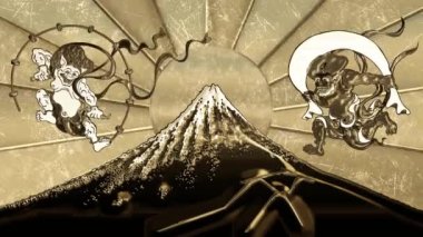 Wind God & Thunder God moving up and down in white rain under a golden mountain