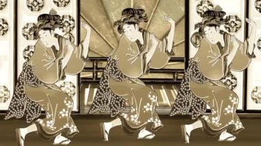 Woman in kimono dancing in a golden Japanese room
