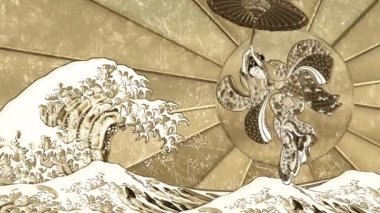 Gold Kanagawa Okinamiura and a beautiful woman in kimono flying with an umbrella
