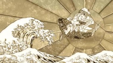 Golden Kanagawa Okinonamiura and Seven Gods of Good Fortune on a Fish