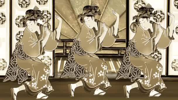 Woman Kimono Dancing Golden Japanese Room — Vídeos de Stock
