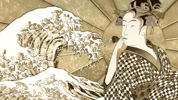Golden Kanagawa Okinonamiura Beadle Blowing Girl — Stock videók