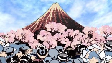 Yamashita Hakusame ve kiraz çiçeklerini izleyen insanlar.