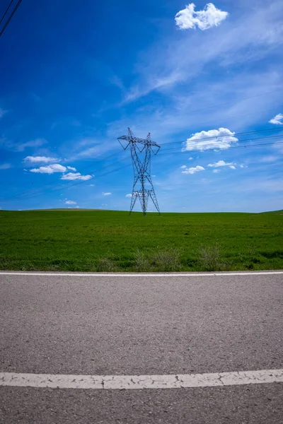 Green Wheat field, Blue sky and high voltage line