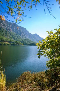 Dağlar ve yeşillikler arasında muhteşem manzaralı güzel bir göl.
