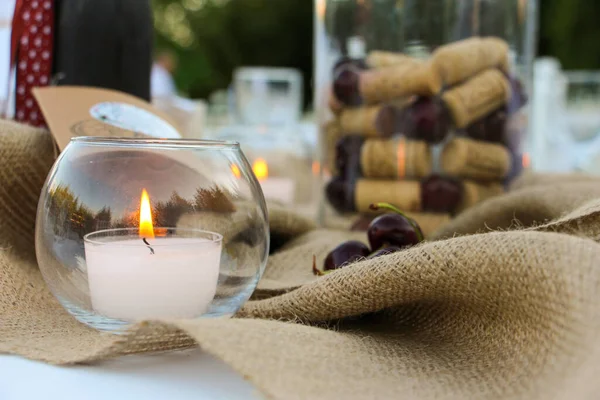 Tables Lit Candles Prepared Wedding Organization — Stock Photo, Image