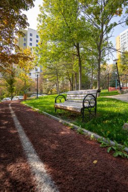 Parktaki yürüyüş yolunun kenarında boş bir bank var.
