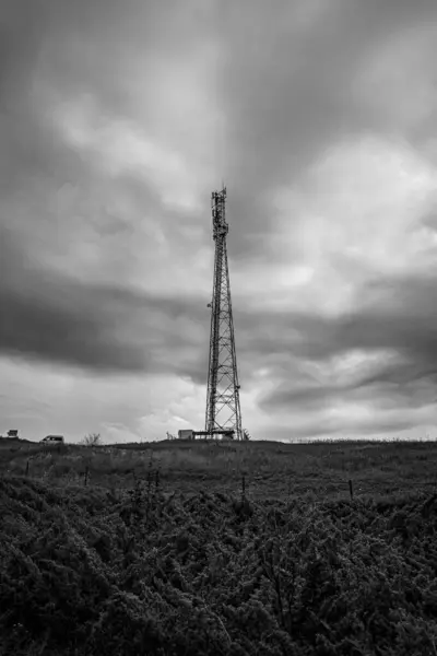 Tarladaki eski bir yel değirmeninin siyah beyaz fotoğrafı..