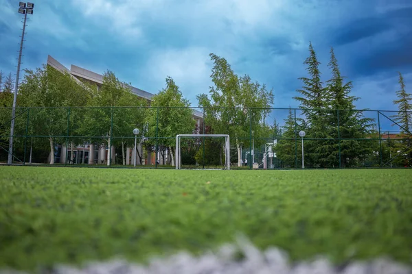 Büyük beyaz çimenleri olan modern bir bina.