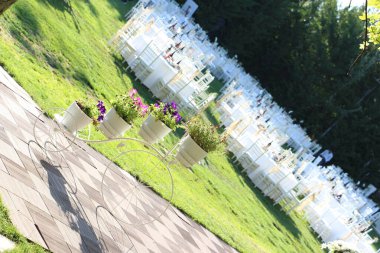 Parkta beyaz düğün sandalyeleri