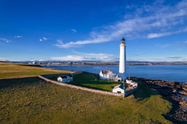 Lighthouse on the coast of the North Sea in Scotland, view from above