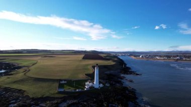 Lighthouse on the coast of the North Sea in Scotland, view from above
