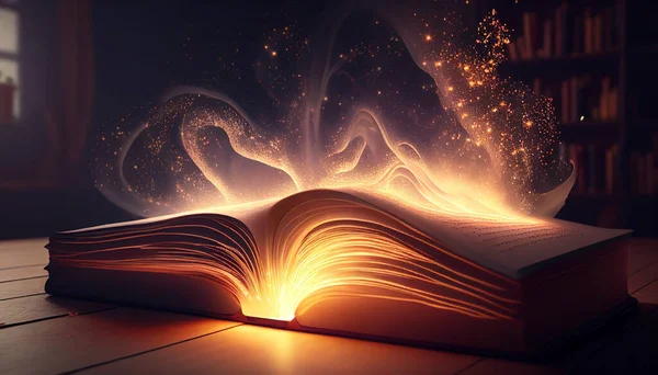 Edebiyat dünyası: sihirli kitap masanın üstünde, kelimelerin büyüsü