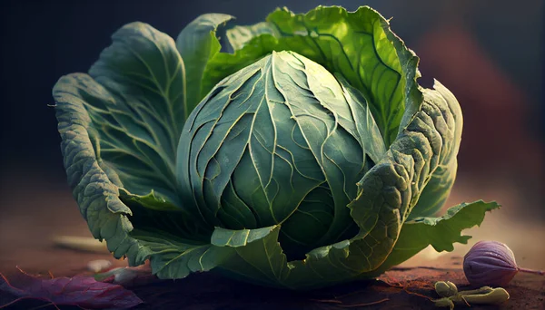 Head Cabbage Lies Table Bright Rays Sun — Stock Photo, Image