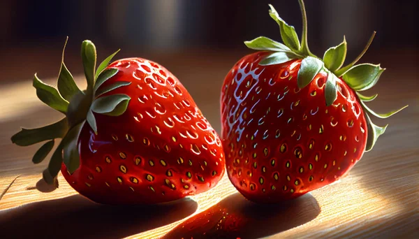 Fresh Strawberries Lie Table Bright Rays Sun — Stock Photo, Image
