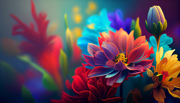 Beautiful multi-colored flowers in bright saturated colors