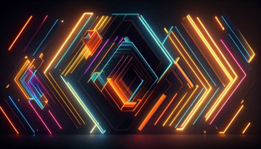 Karanlık bir arkaplan üzerinde geometrik şekiller oluşturan neon çizgilerin soyutlanması.