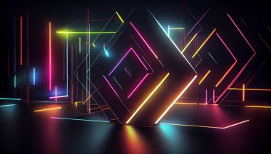 Karanlık bir arkaplan üzerinde geometrik şekiller oluşturan neon çizgilerin soyutlanması.