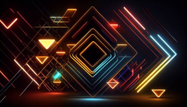 Karanlık bir arkaplan üzerinde geometrik şekiller oluşturan neon çizgilerin soyutlanması.