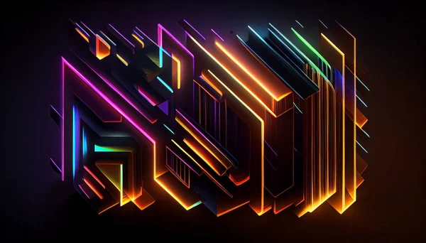 Karanlık bir arkaplan üzerinde geometrik şekiller oluşturan neon çizgilerin soyutlanması.