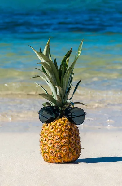 Ananas Bicchieri Sulla Riva Del Mare Oceano Vacanza Mare — Foto Stock
