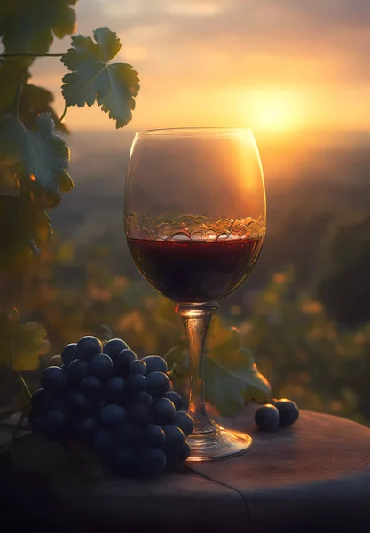 Verre Vin Parmi Les Vignes Dans Les Rayons Soleil Couchant — Photo
